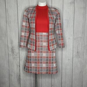 VTG 70s “It’s Better” Orange/Red Plaid Knit Dress & Blazer Set, sz Large